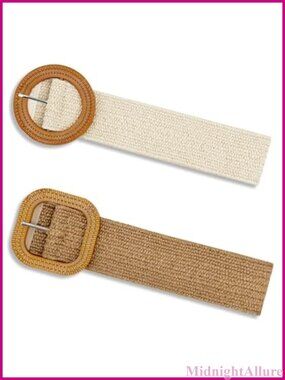 2Pcs Straw Woven Elastic Waist Belt Set Boho Braided Dress Belts